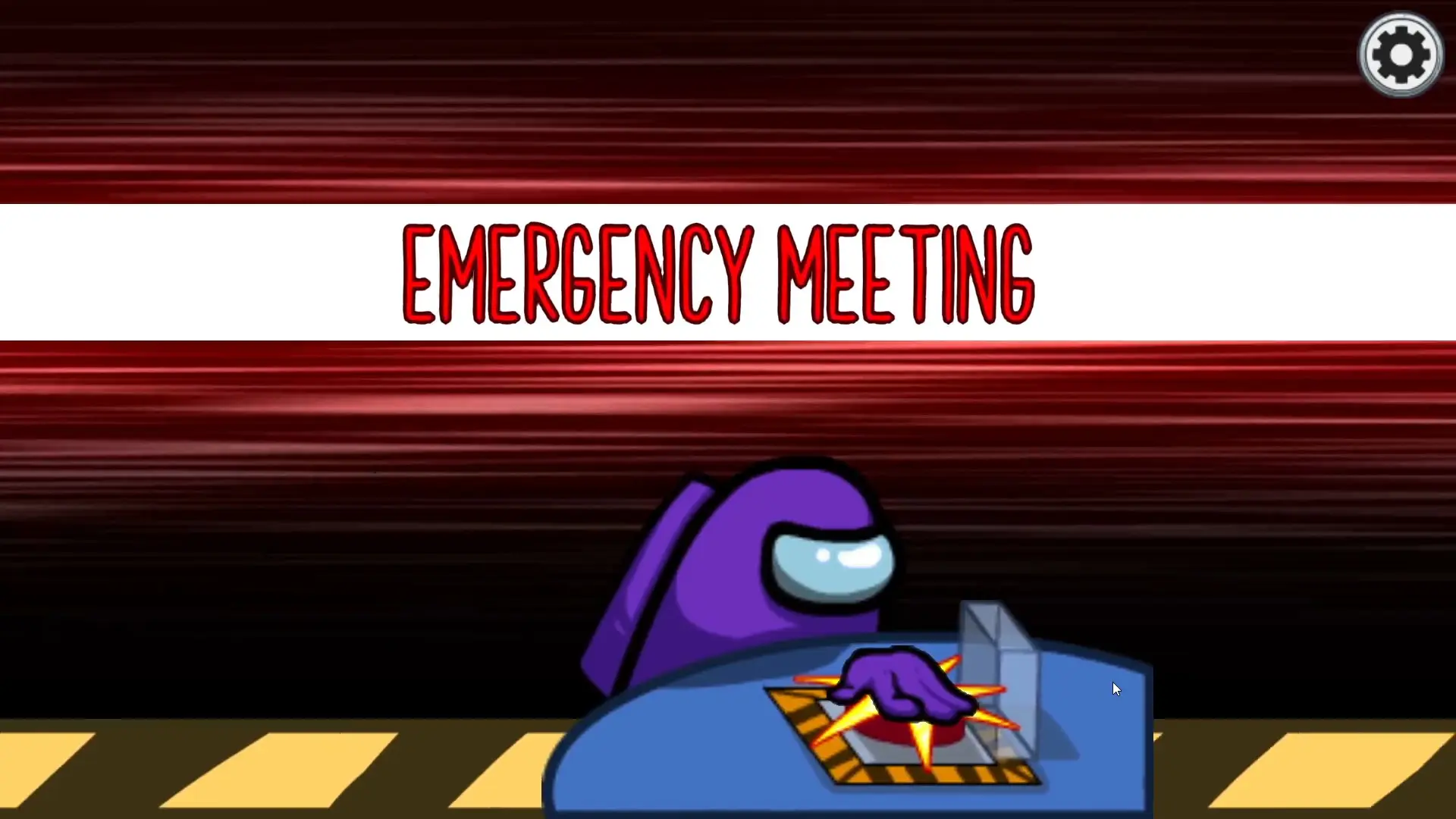 A purple crewmate slams the Emergency Meeting button in Among Us.