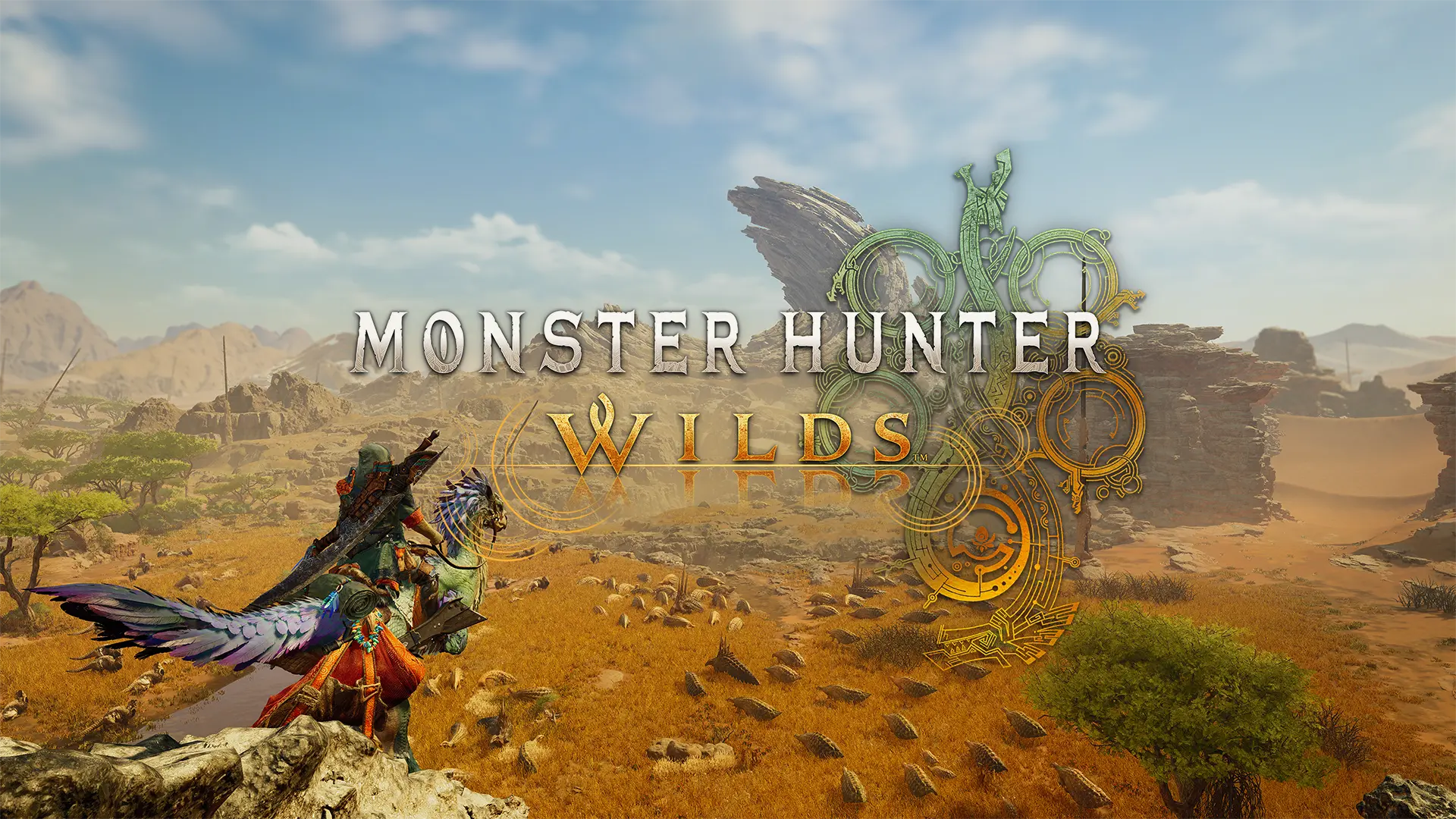 The player character rides on the back of a walking winged creature in a barren landscape with the Monster Hunter Wilds logo centered