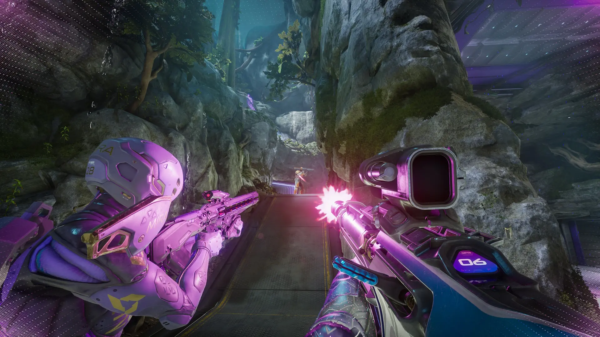 Two Splitgate 2 players in purple colors fire at a distant enemy in a rocky and green arena