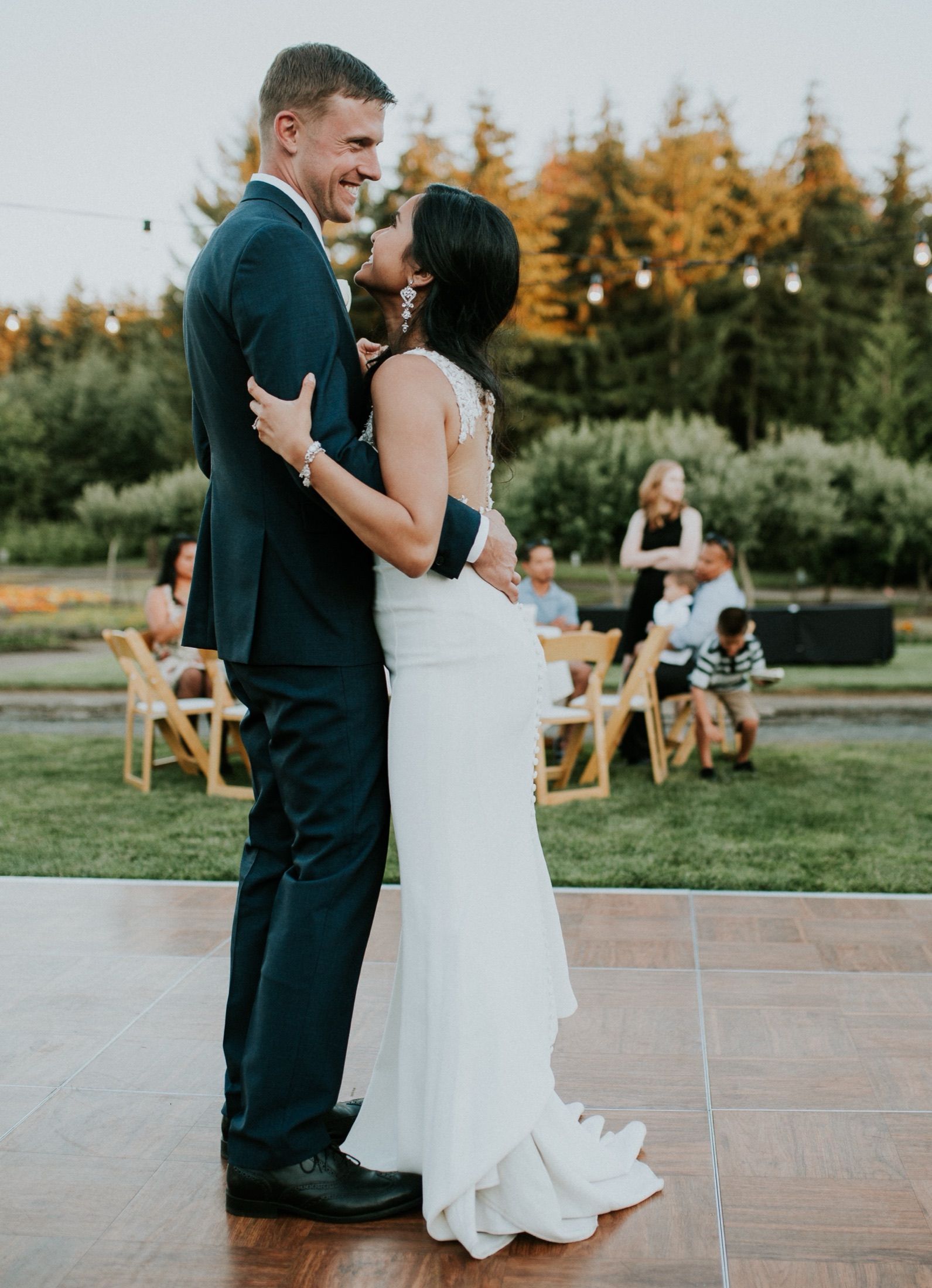Rachel in her wedding dress in the Oregon Garden.