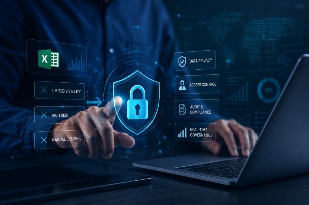 Holographic data governance interface with a shield and padlock, showing the shift from spreadsheet-based privacy management to governed data privacy, access control, audit, and real-time governance