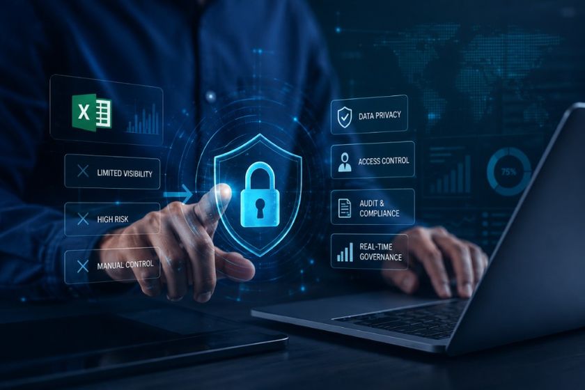 Holographic data governance interface with a shield and padlock, showing the shift from spreadsheet-based privacy management to governed data privacy, access control, audit, and real-time governance