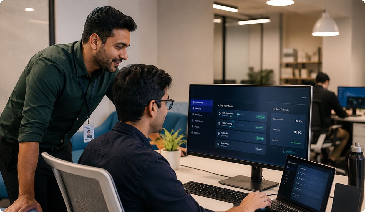 Professionals collaborating at a workstation
