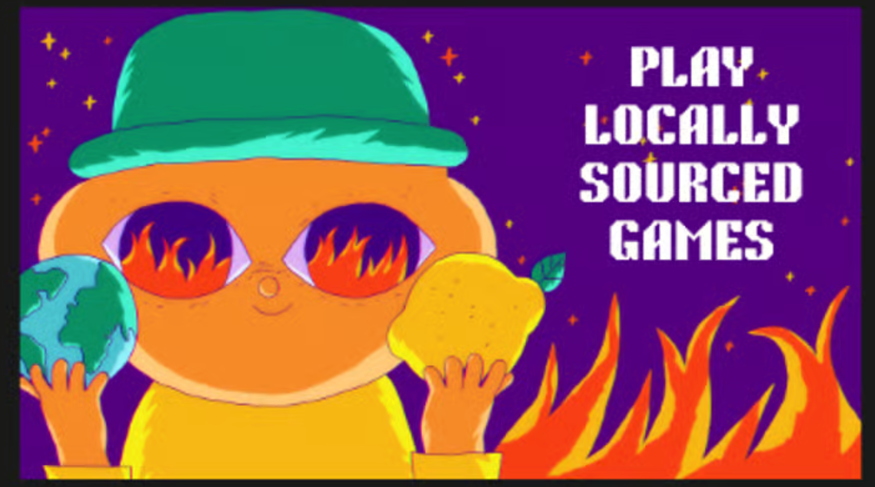 Cartoon holding lemon and world, surrounded by fire