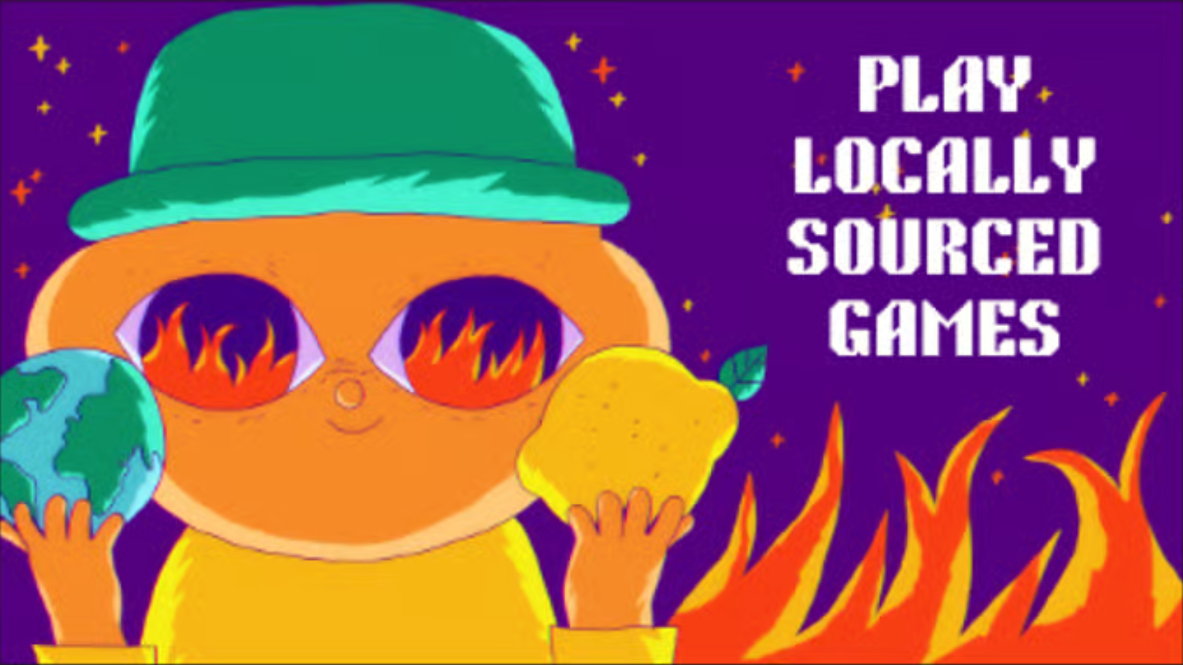 Cartoon holding lemon and world, surrounded by fire