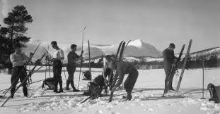 skiers getting ready out in nature