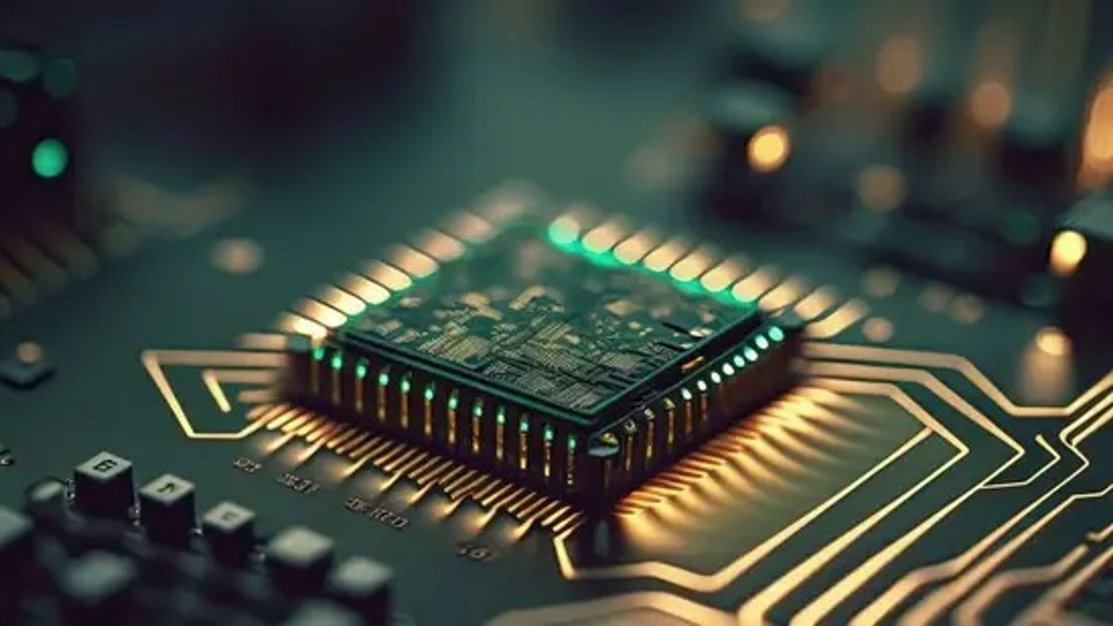 Close-up of a microchip on a circuit board, lit in green and amber.
