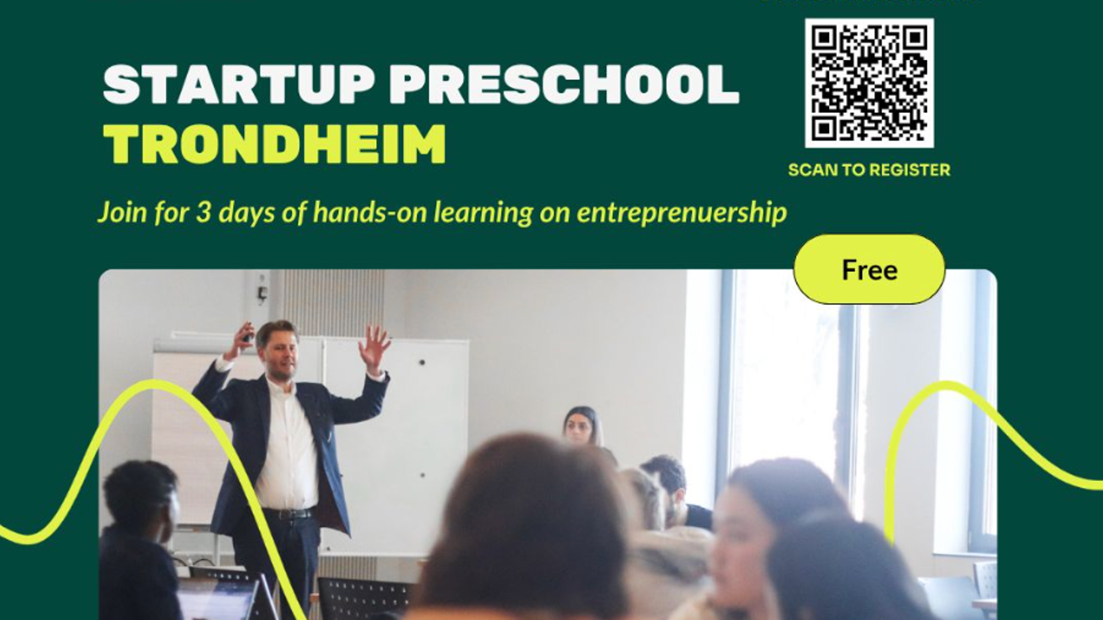 Students in a classroom and QR code to the event