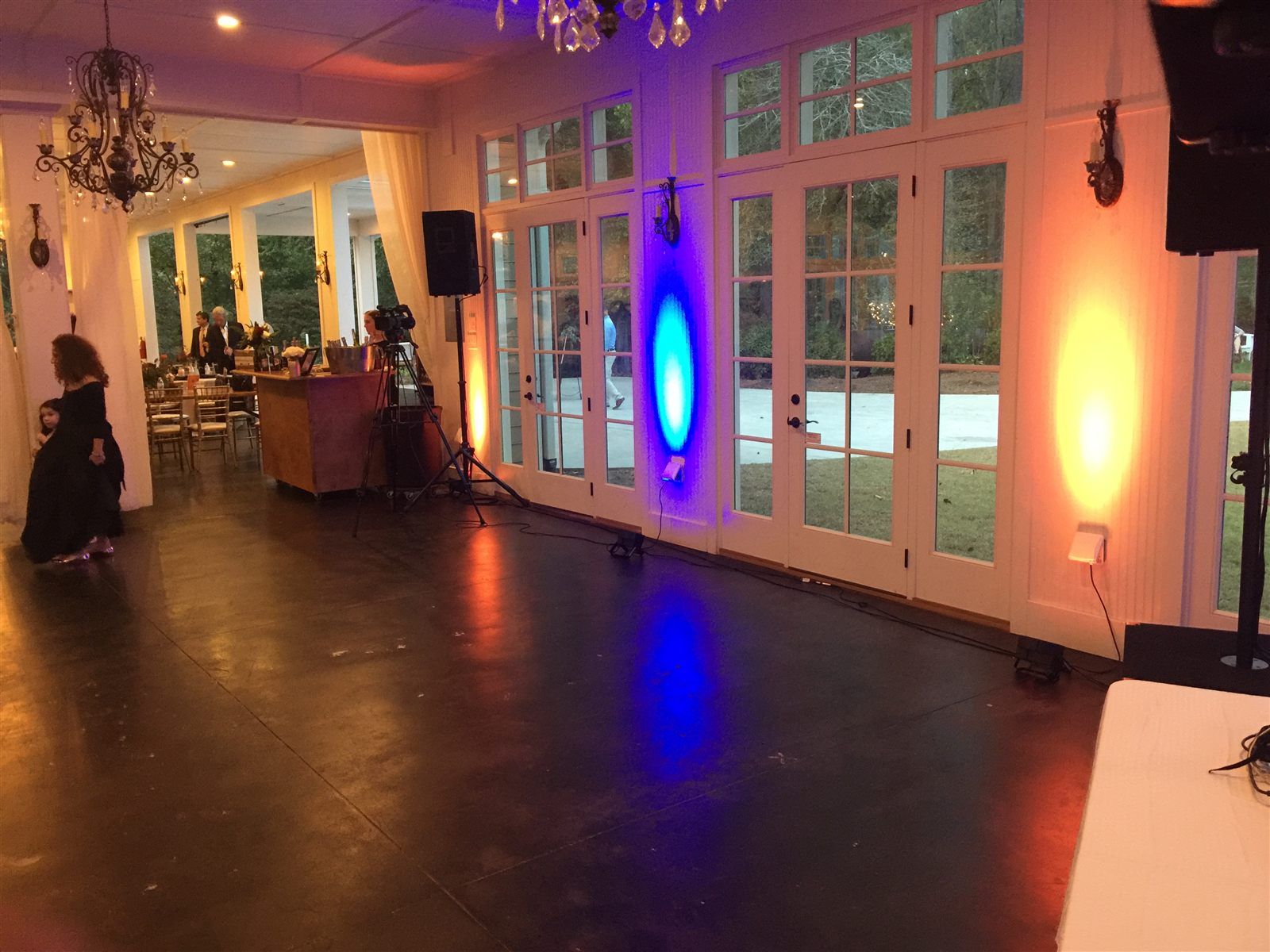 Event room with blue and amber uplighting