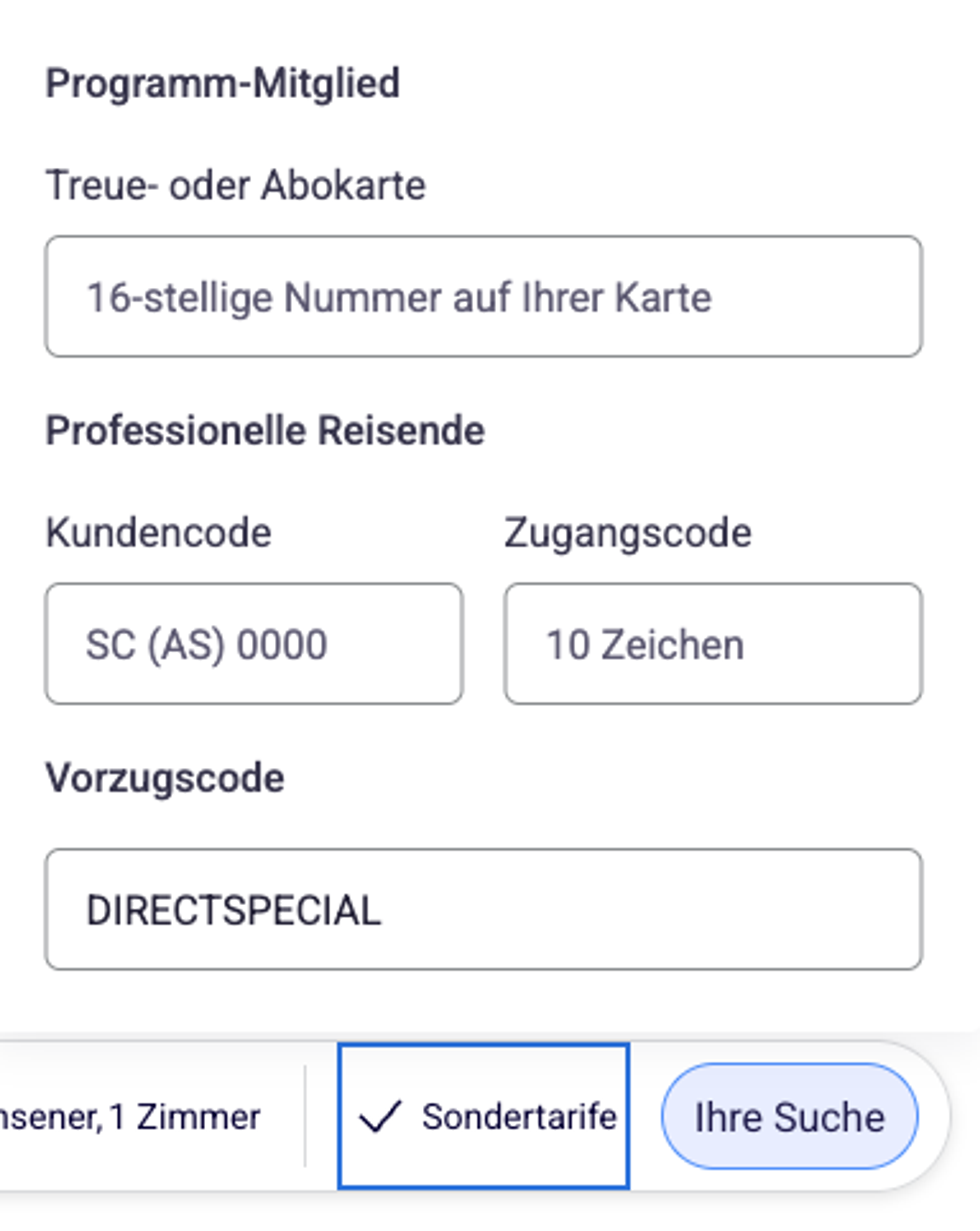 Accor-Buchungsmaske: „Sondertarife“ aufgeklappt, Code im Code-Feld