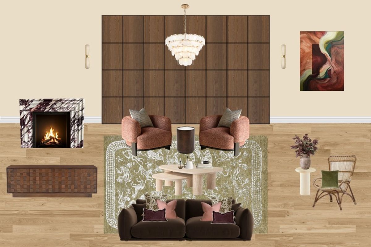 Mood board for a transitional living room with warm earthy tones, layered textures and sculptural furniture forms