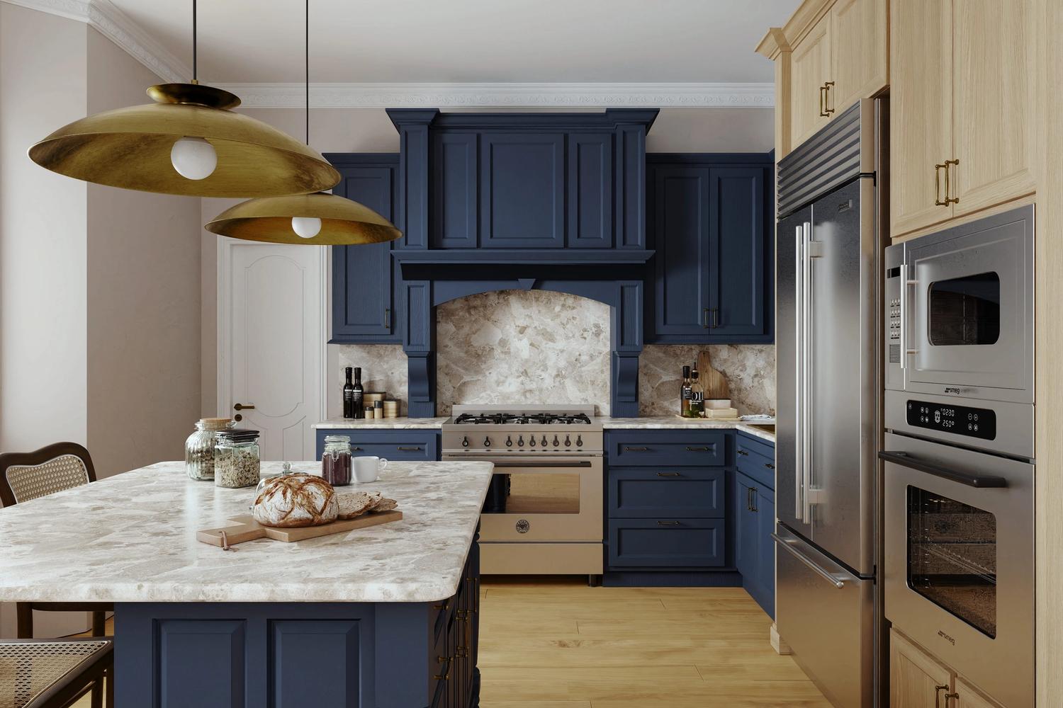 Edinburgh Blue & Wood Traditional Kitchen Design 3d