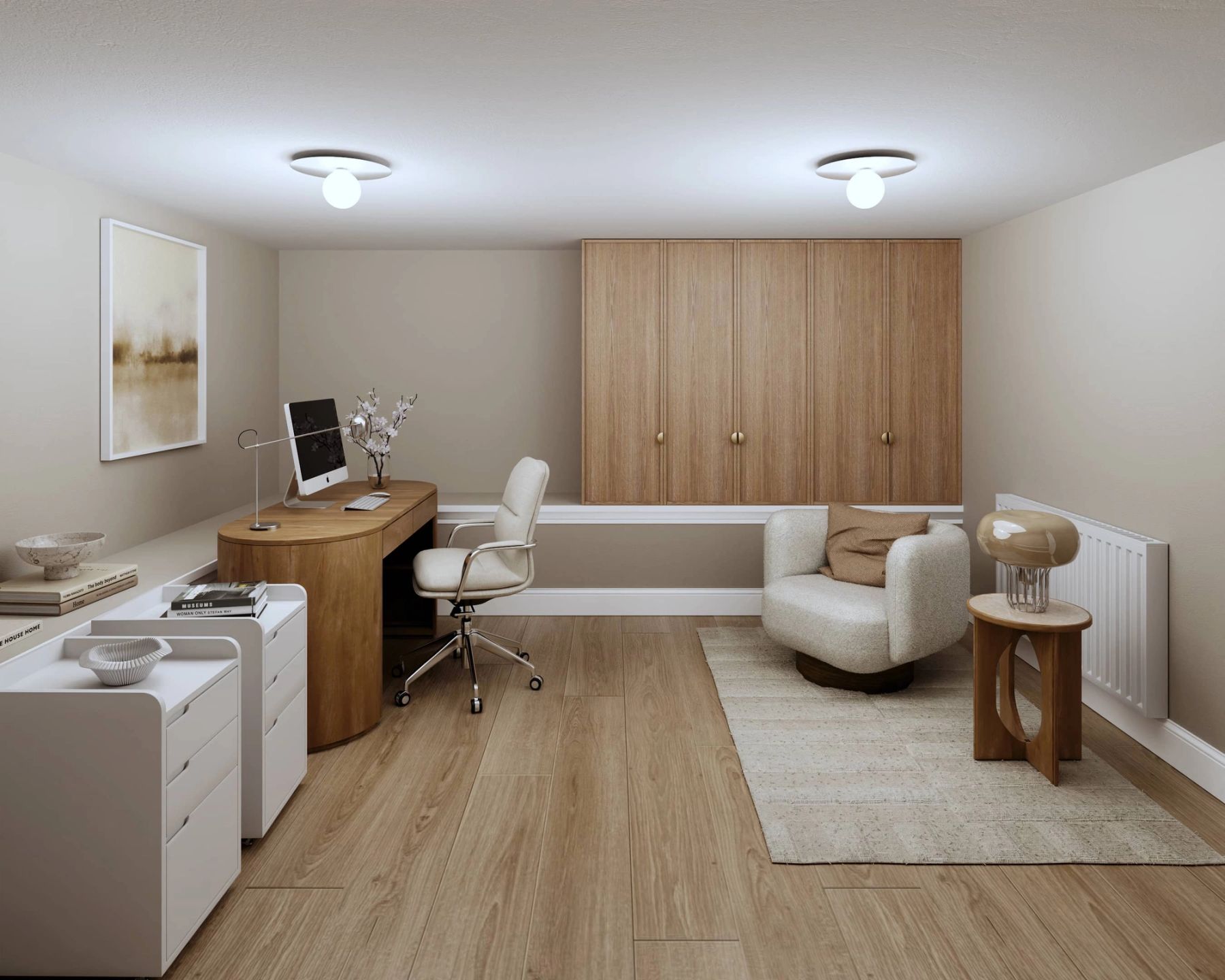Neutral home office with fitted oak storage, curved desk and upholstered reading chair