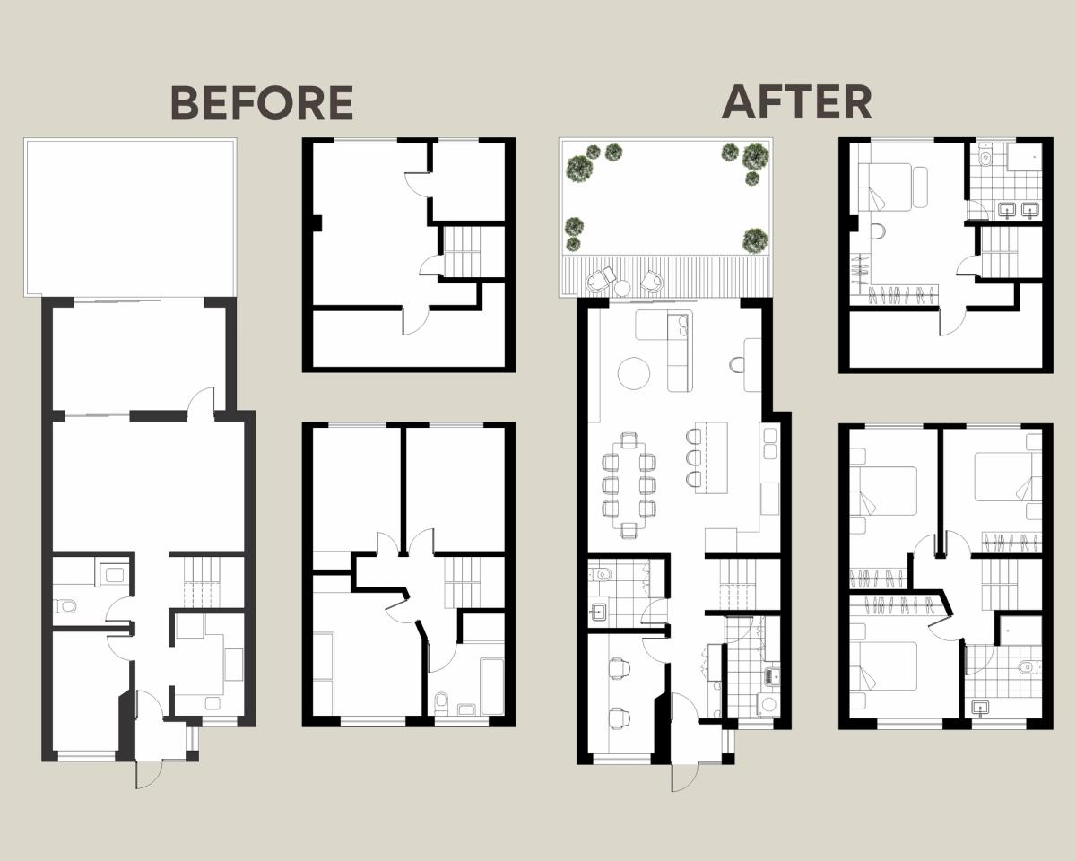 Before and after open-plan layout transformation of a London home