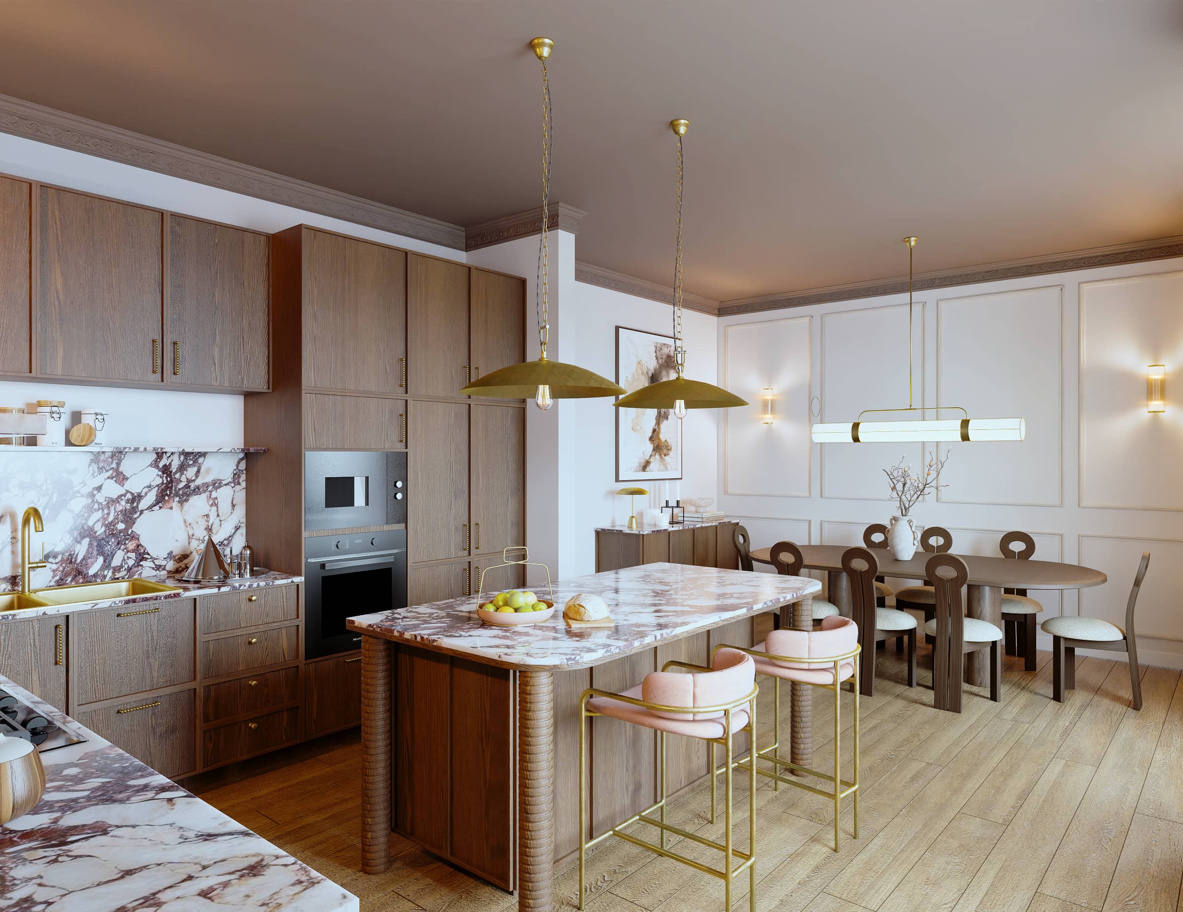 Open-plan kitchen and dining room with marble island, wood cabinetry and brass pendant lights