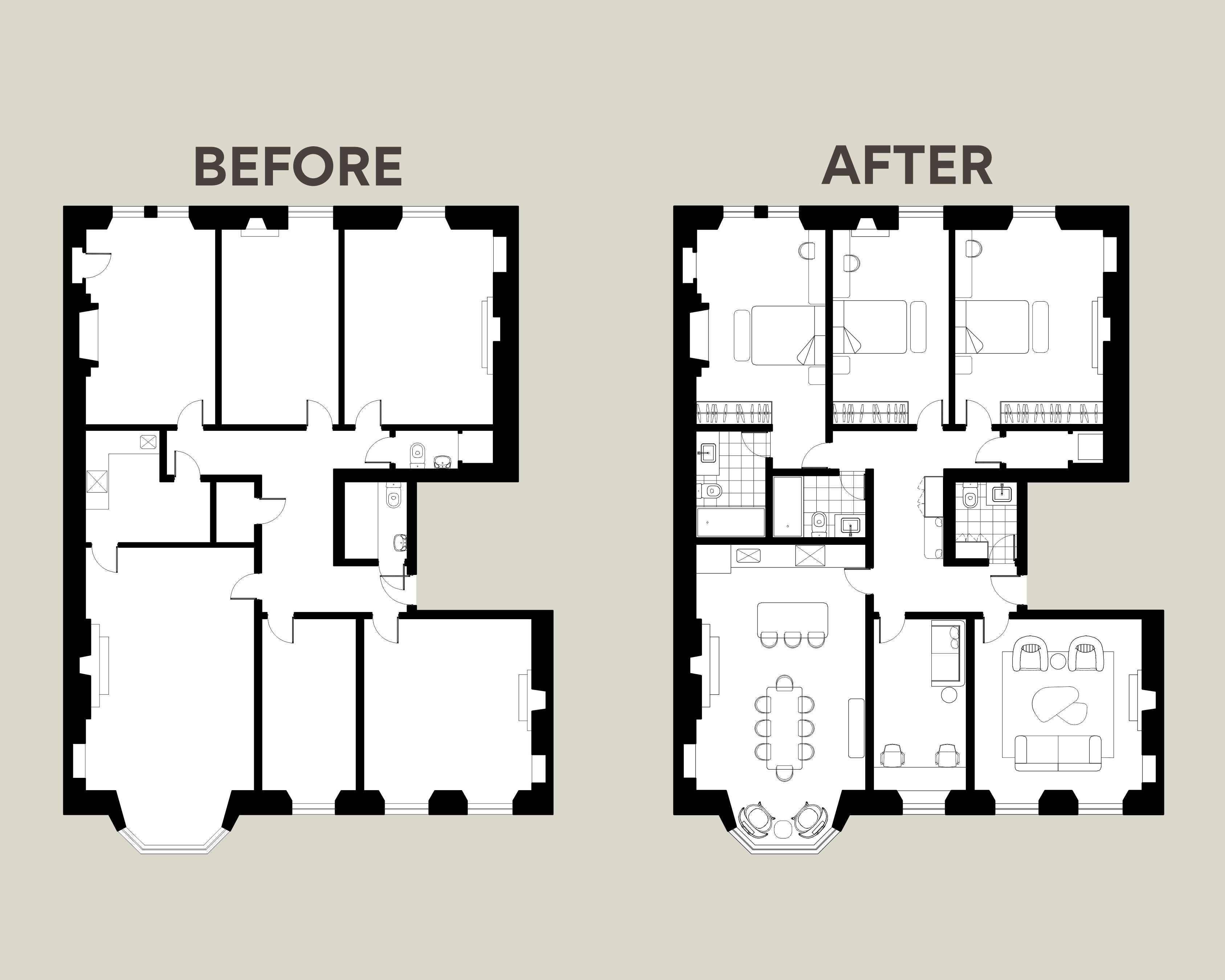 Before and after floor plans for an Edinburgh HMO conversion into a family home