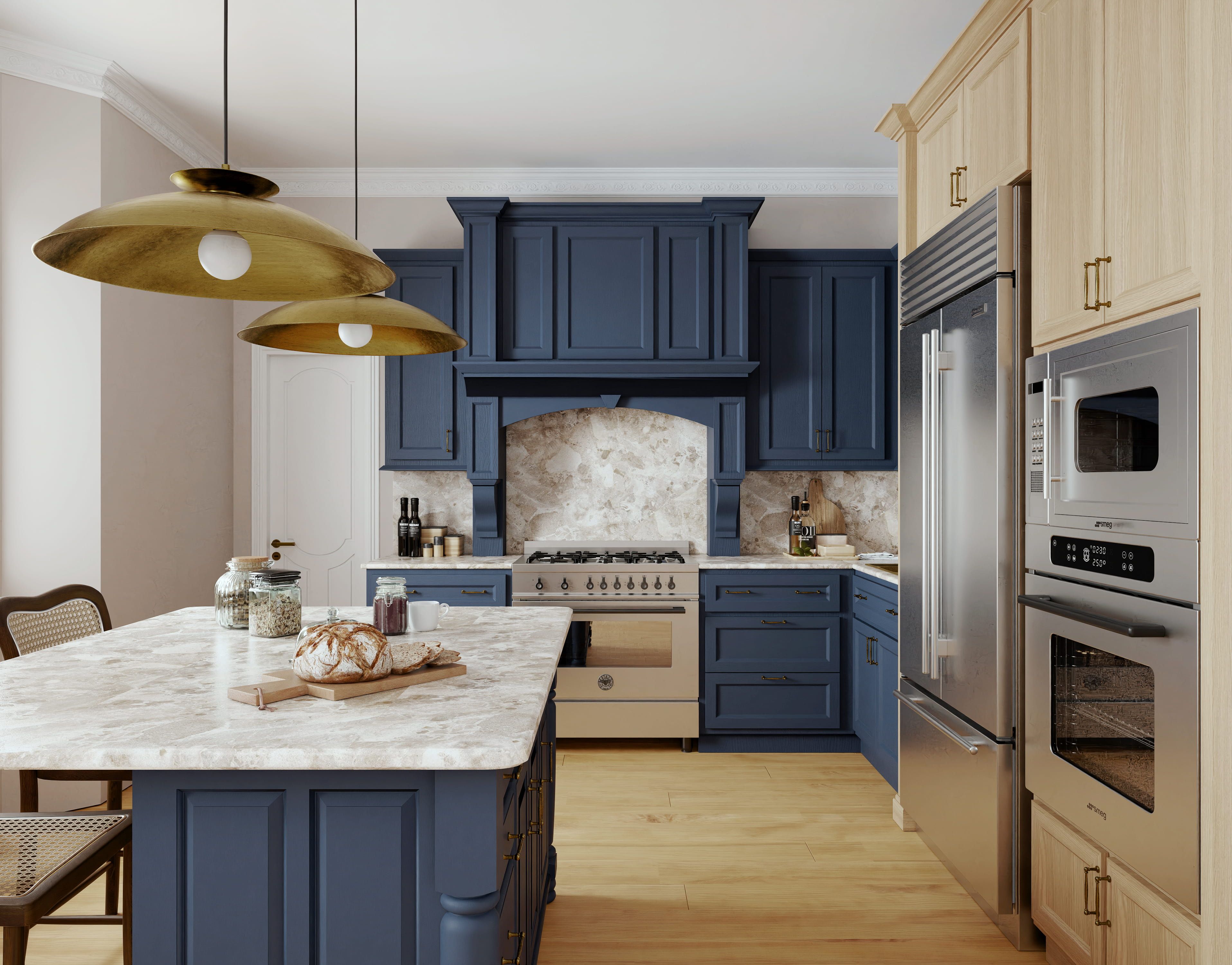Blue and oak kitchen with marble island, brass pendants and integrated appliances