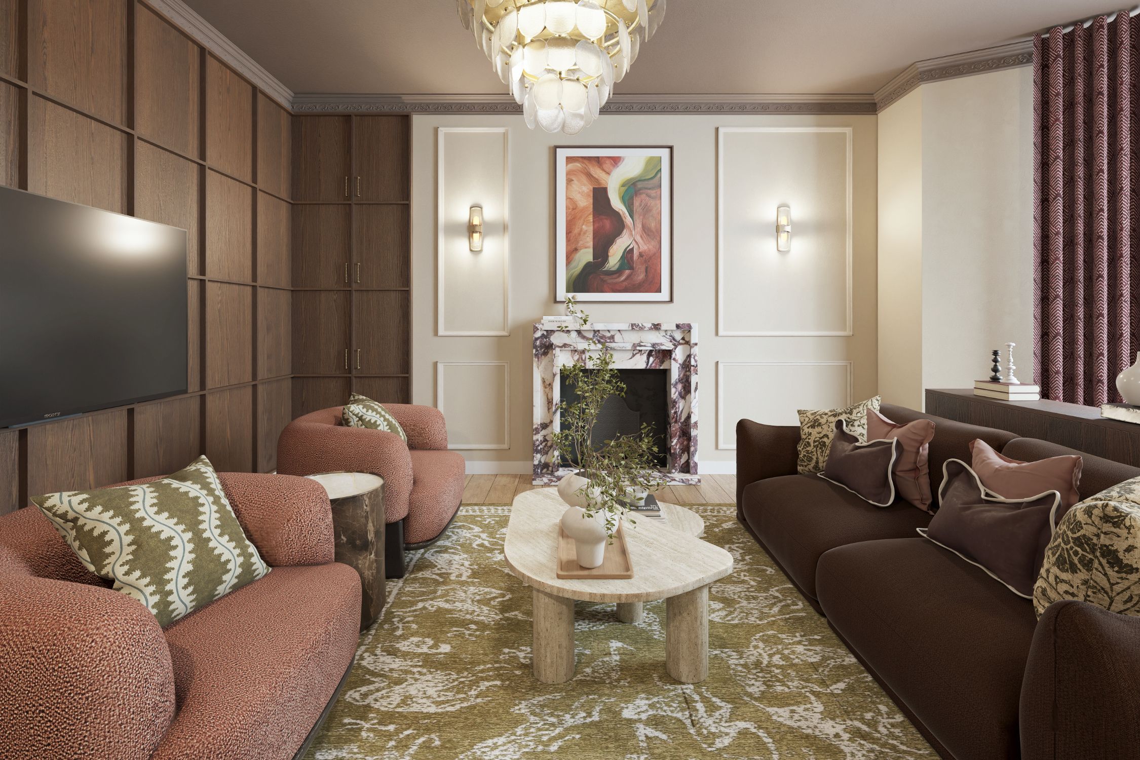 Formal sitting room with rose armchairs, brown sofa, marble fireplace and patterned rug