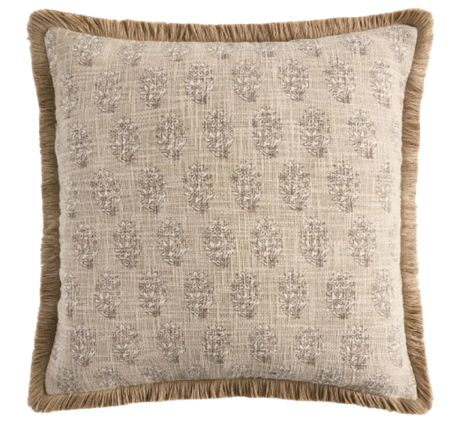 Natural 50 X 50cm Woodblock Reversible Floral Cushion