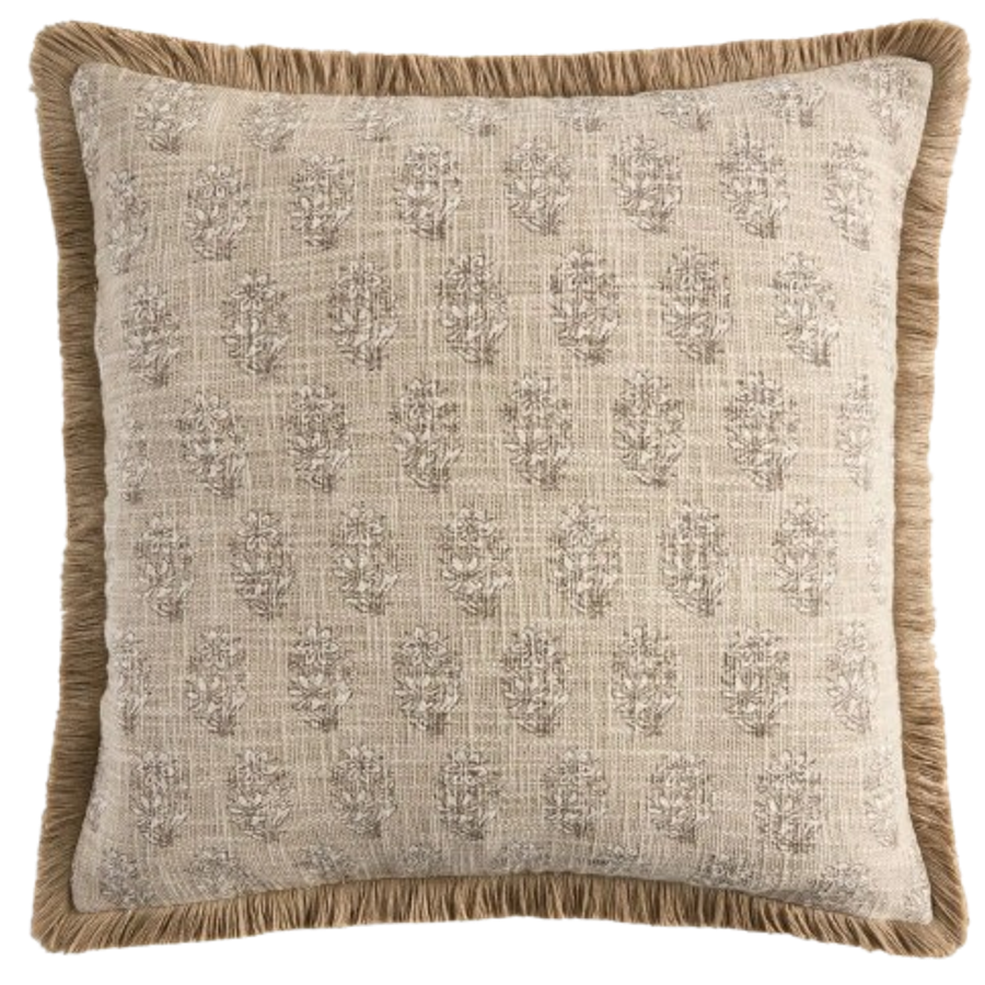Natural 50 X 50cm Woodblock Reversible Floral Cushion