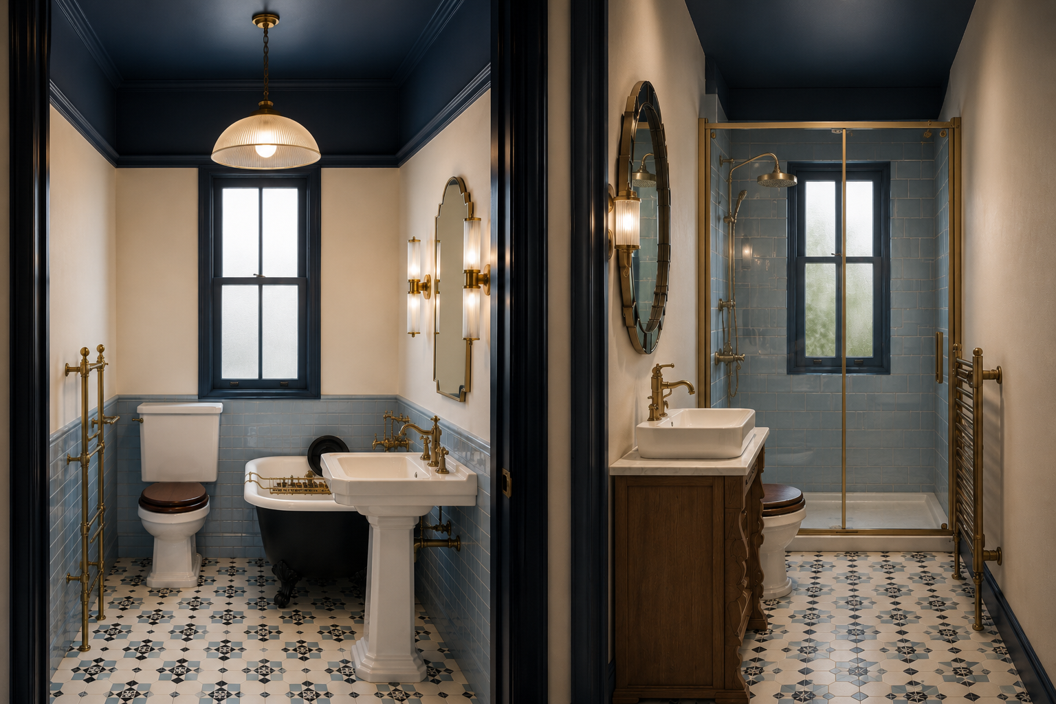 Traditional bathroom layout with freestanding bath, separate shower, brass fittings and dark blue ceiling