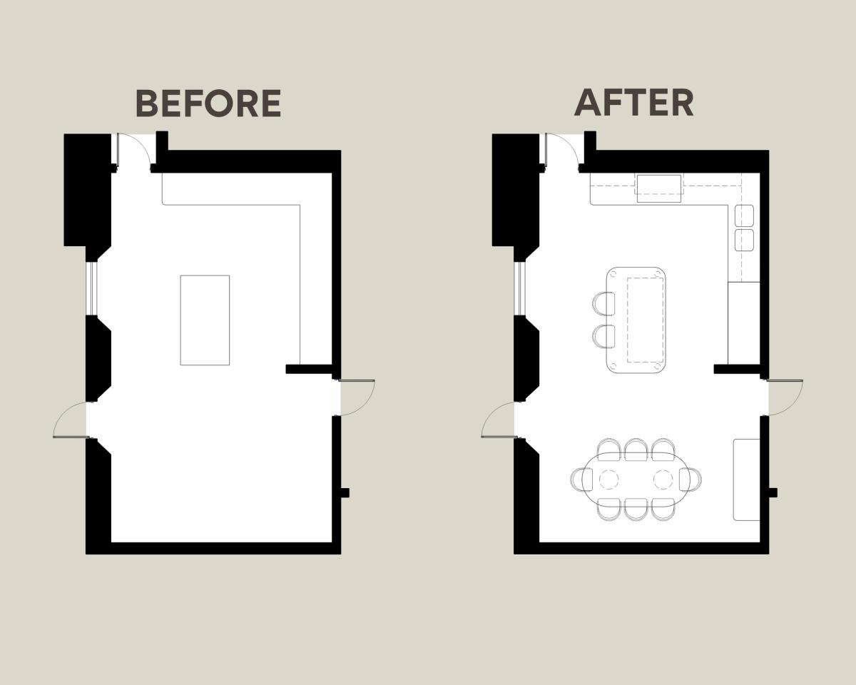 Open-plan kitchen layout showing lighting, circulation and furniture planning