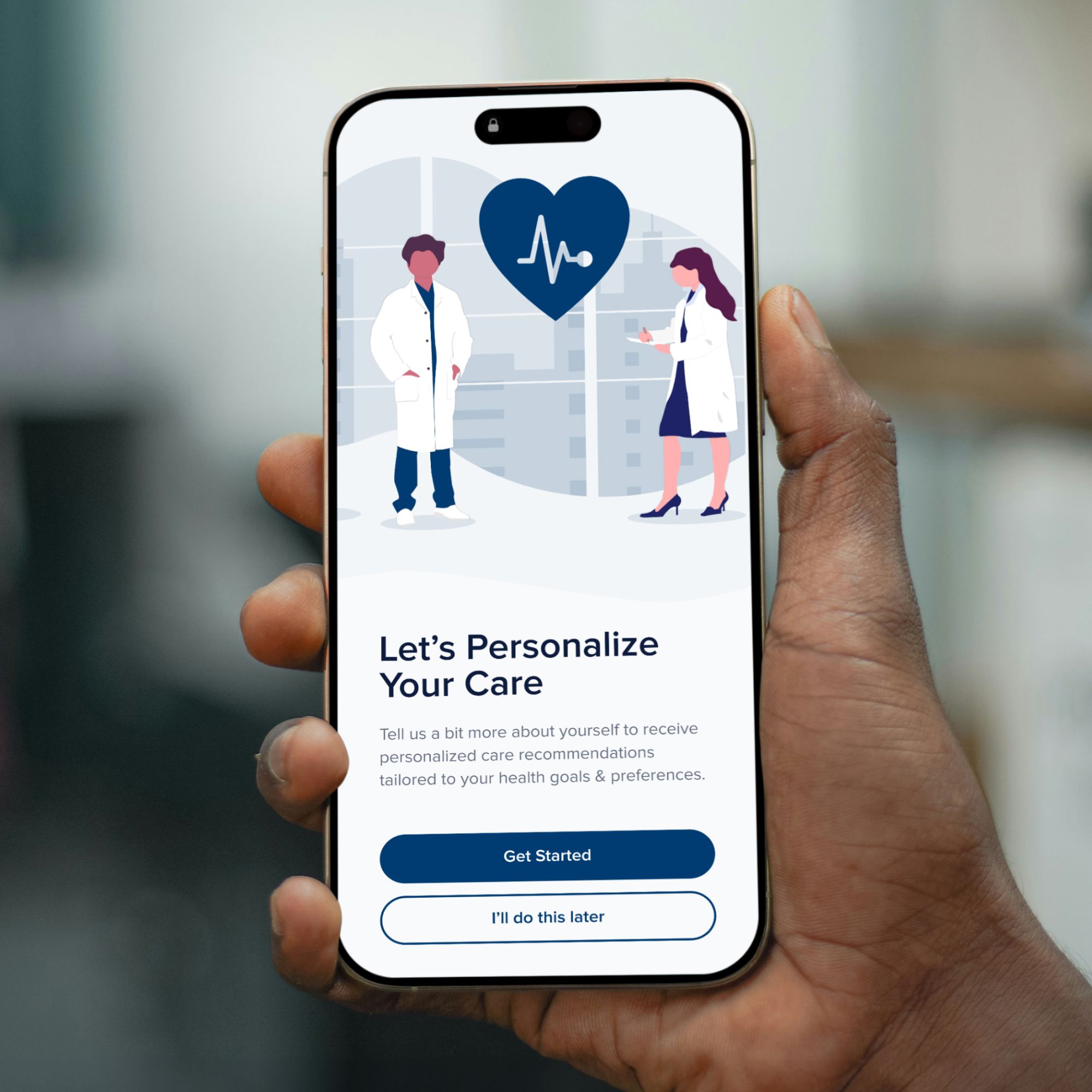 Hand holding a smartphone showing a personalized healthcare care experience.