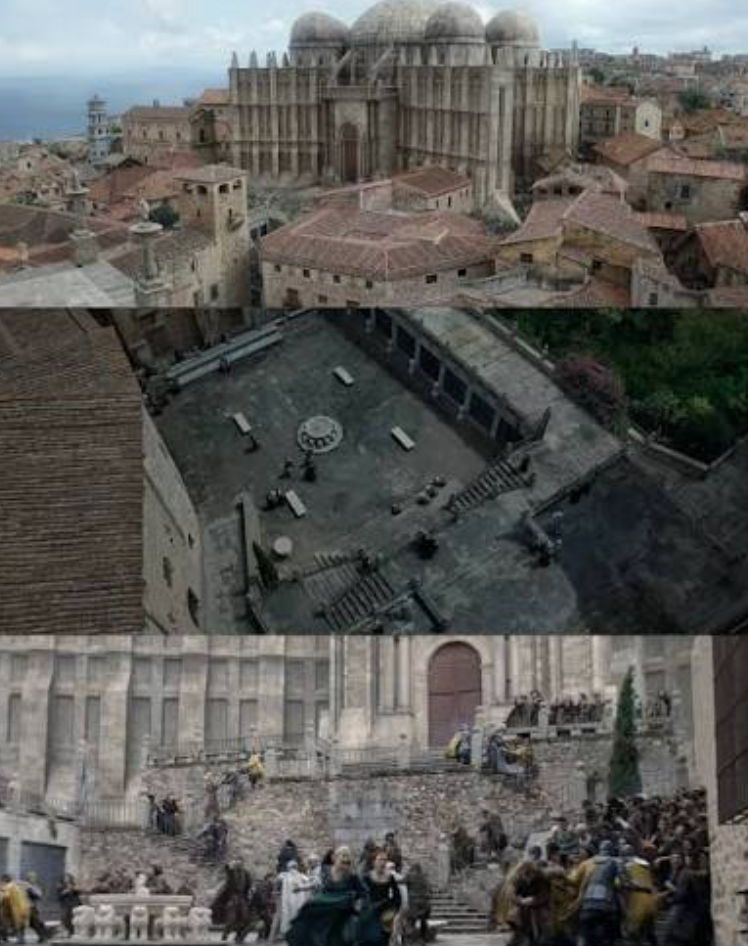 The Great Sept above King's Landing, its courtyard, and a crowd of smallfolk gathered on the steps below