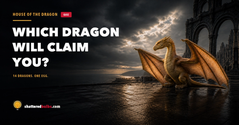 A golden dragon with wings spread on a wet stone terrace at dusk, ruined arches to one side and the sea below, beside the words "Which dragon will claim you?"