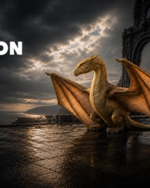 A golden dragon with wings spread on a wet stone terrace at dusk, ruined arches to one side and the sea below, beside the words "Which dragon will claim you?"