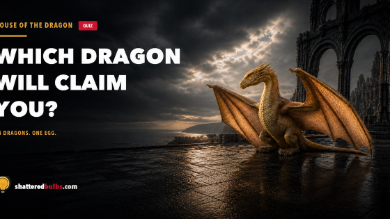 A golden dragon with wings spread on a wet stone terrace at dusk, ruined arches to one side and the sea below, beside the words "Which dragon will claim you?"