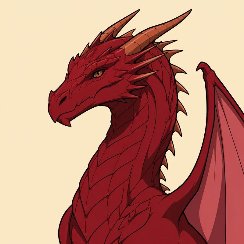 Illustrated portrait of Meleys, a scarlet dragon with copper highlights, a sleek narrow head and swept-back horns.
