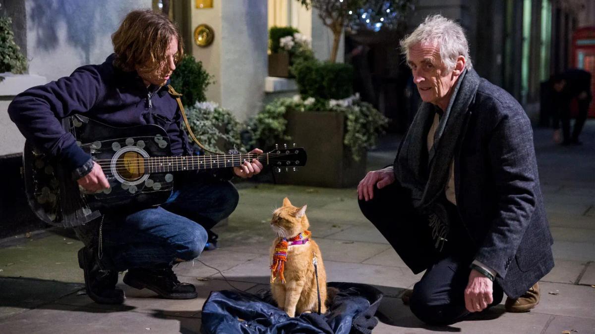 Luke Treadaway as James Bowen busking at night with his guitar while Bob the cat sits beside him on a blanket.