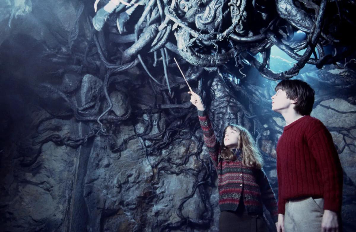 Emma Watson as Hermione Granger and Daniel Radcliffe as Harry Potter below the Devil’s Snare while Rupert Grint as Ron Weasley remains caught in the vines above