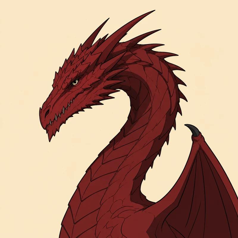 Illustrated portrait of Caraxes, a dark red dragon with a long thin serpentine neck and a narrow pointed head.