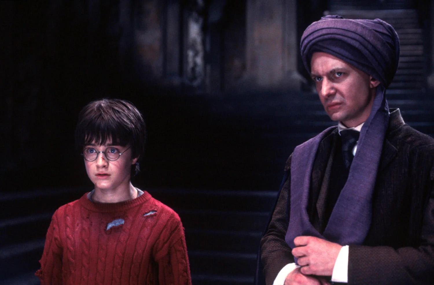 Daniel Radcliffe as Harry Potter faces Ian Hart as Professor Quirrell in the chamber beneath Hogwarts.