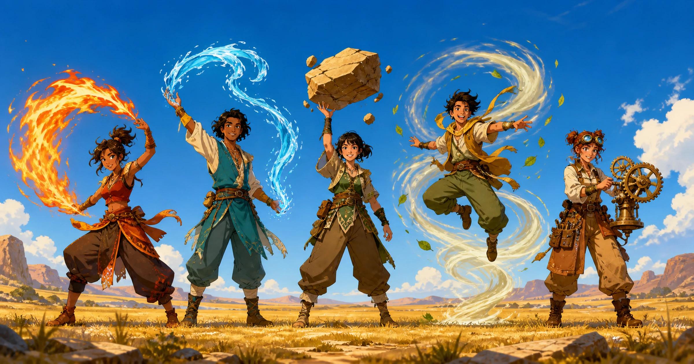 Five young heroes standing in a row across a sunlit plain — a firebender, a waterbender, an earthbender, an airbender, and an inventor with goggles working a brass mechanism.