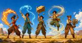 Five young heroes standing in a row across a sunlit plain — a firebender, a waterbender, an earthbender, an airbender, and an inventor with goggles working a brass mechanism.