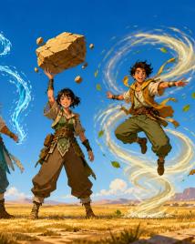 Five young heroes standing in a row across a sunlit plain — a firebender, a waterbender, an earthbender, an airbender, and an inventor with goggles working a brass mechanism.