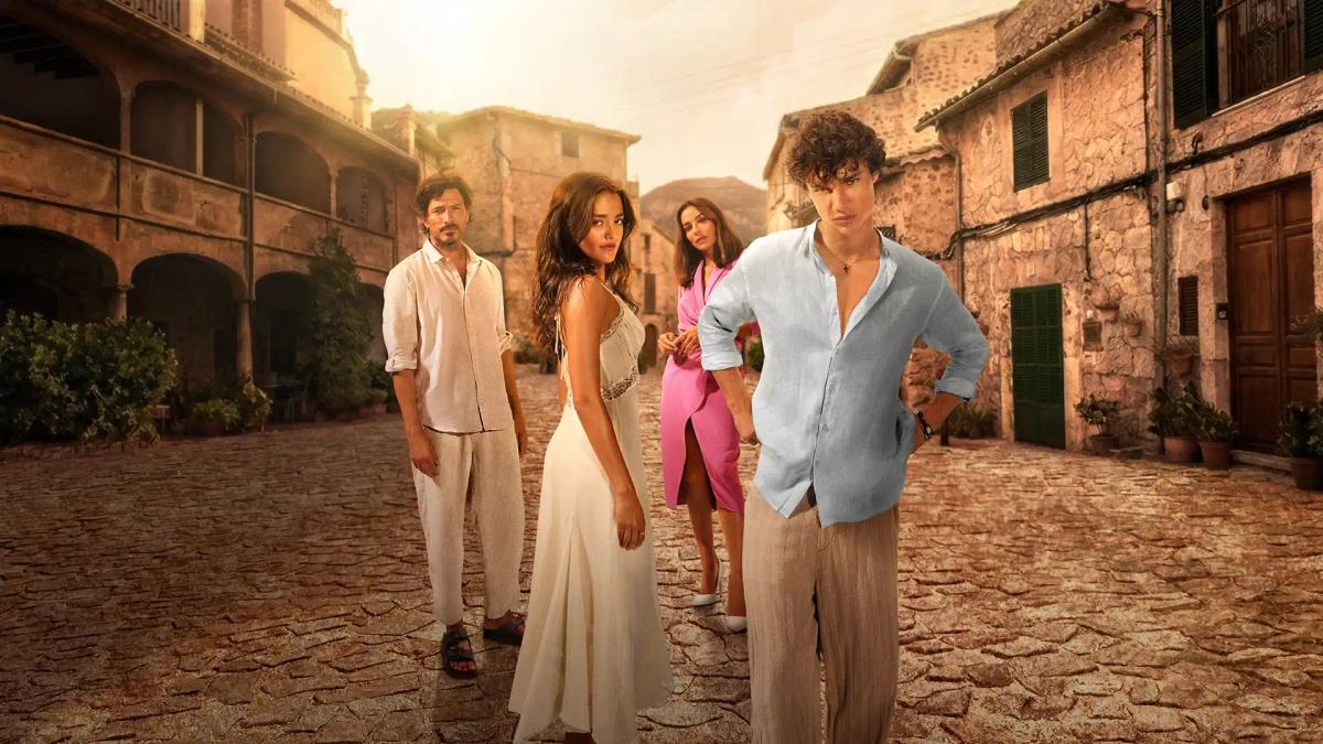 Promotional art for The Last Sunrise showing Andrés Velencoso as Mateo García, Maia Reficco as Oriah "Ry" Pera, Eva Longoria as Isolde Pera and Fernando Lindez as Julián García on a cobbled Mallorcan street.