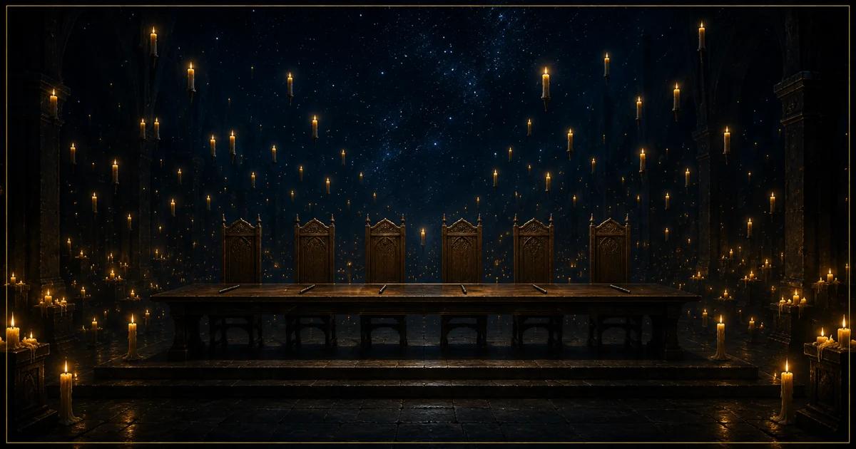 A long table on a dais in a candlelit stone hall, six empty carved chairs behind it, a wand at each place, candles floating under a ceiling of stars.