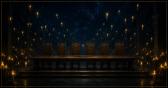 A long table on a dais in a candlelit stone hall, six empty carved chairs behind it, a wand at each place, candles floating under a ceiling of stars.