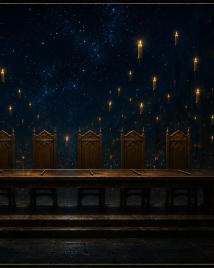 A long table on a dais in a candlelit stone hall, six empty carved chairs behind it, a wand at each place, candles floating under a ceiling of stars.