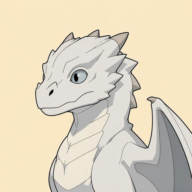 Illustrated portrait of Arrax, a small white and pale grey juvenile dragon with a blunt snout and undersized horns.