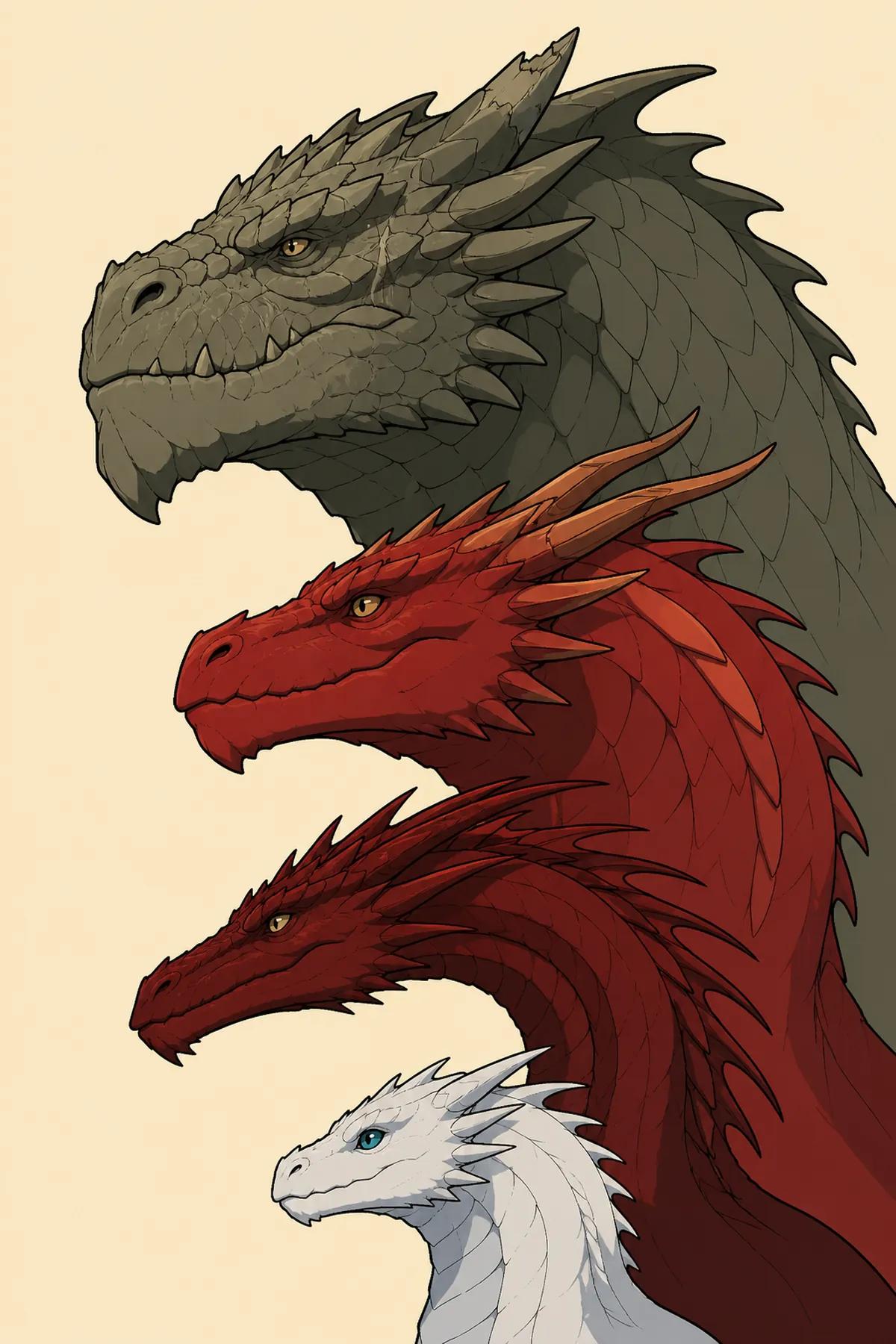 Illustrated poster showing four dragon heads in descending size on cream paper — a vast ancient bronze-green dragon, a scarlet dragon, a dark red dragon and a small white juvenile.