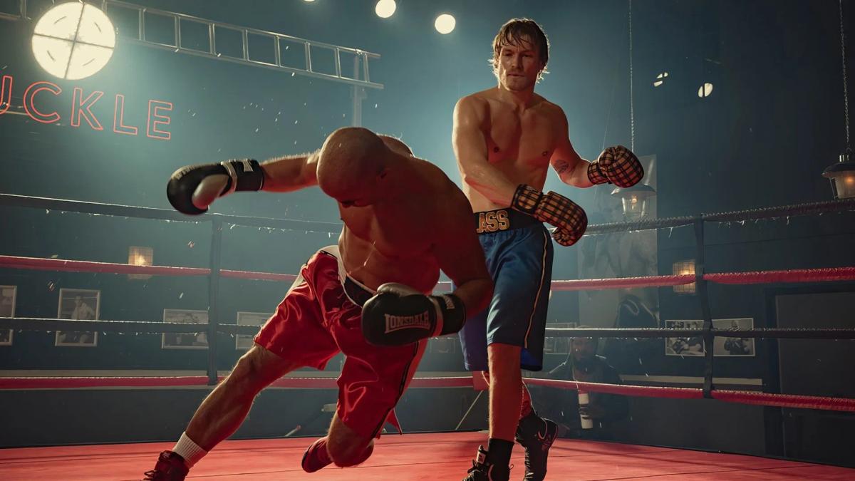Harry Goodwins as Jack Glass in the ring, dropping an opponent in trunks marked with the Glass name.