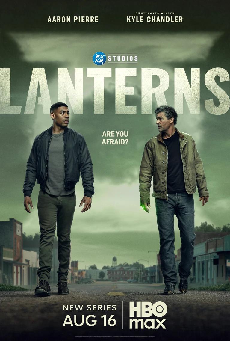 Official Lanterns poster showing Aaron Pierre and Kyle Chandler walking down a small-town street under a green sky, with the tagline Are You Afraid.