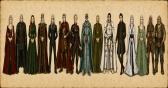 Fifteen House of the Dragon characters drawn as small ink figures in a row across aged vellum.