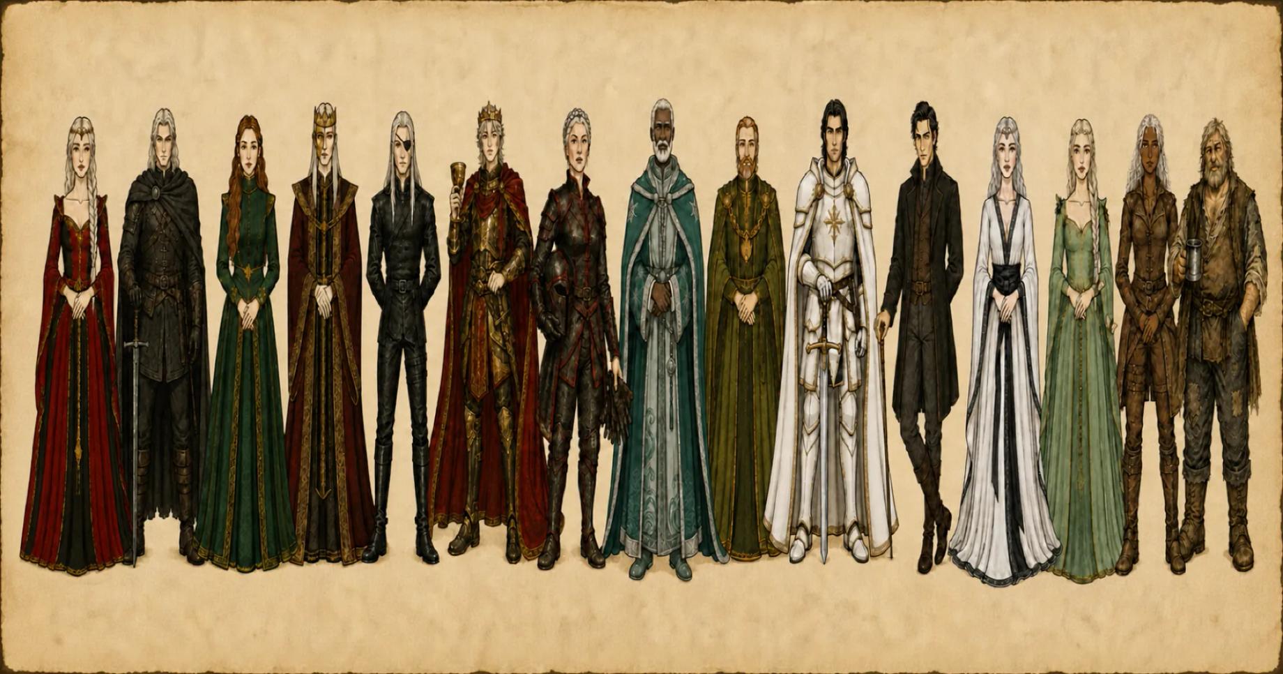 Fifteen House of the Dragon characters drawn as small ink figures in a row across aged vellum.
