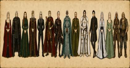 Fifteen House of the Dragon characters drawn as small ink figures in a row across aged vellum.
